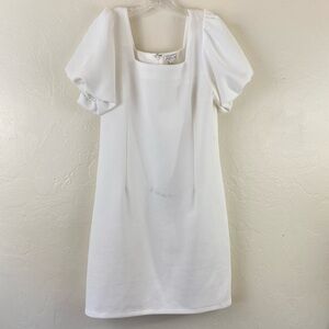 She + Sky Size 1X Solid White Puffy Sleeve Square Neck Form Fitting Midi Dress